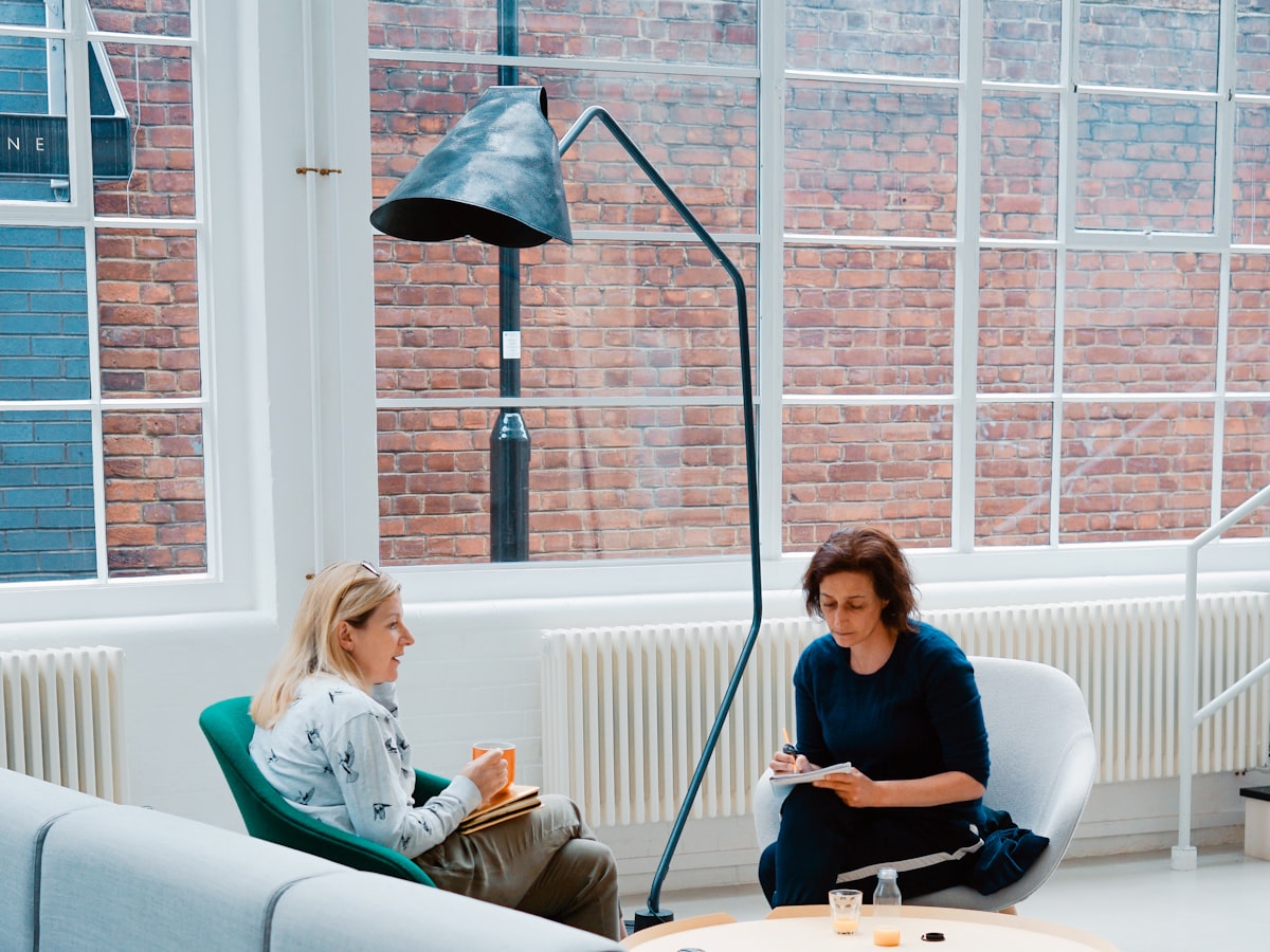 Two people in conversation in a calm, naturally lit consulting space